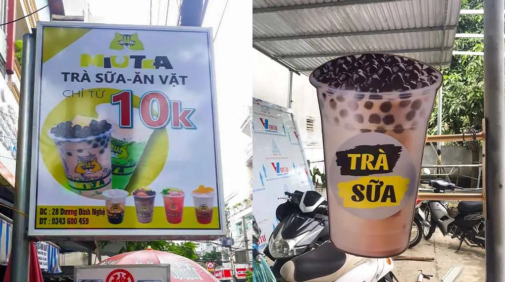 Biển Vẫy Trà Sữa Trẻ Trung Quy trinh lam bien vay tra sua chuyen nghiep tai Quang Cao 24H