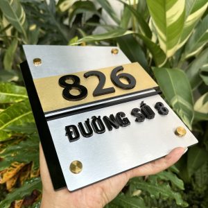 Alternative view of Biển số nhà nền inox 304 bạc xước + vàng xước, số nổi mica 10x20cm